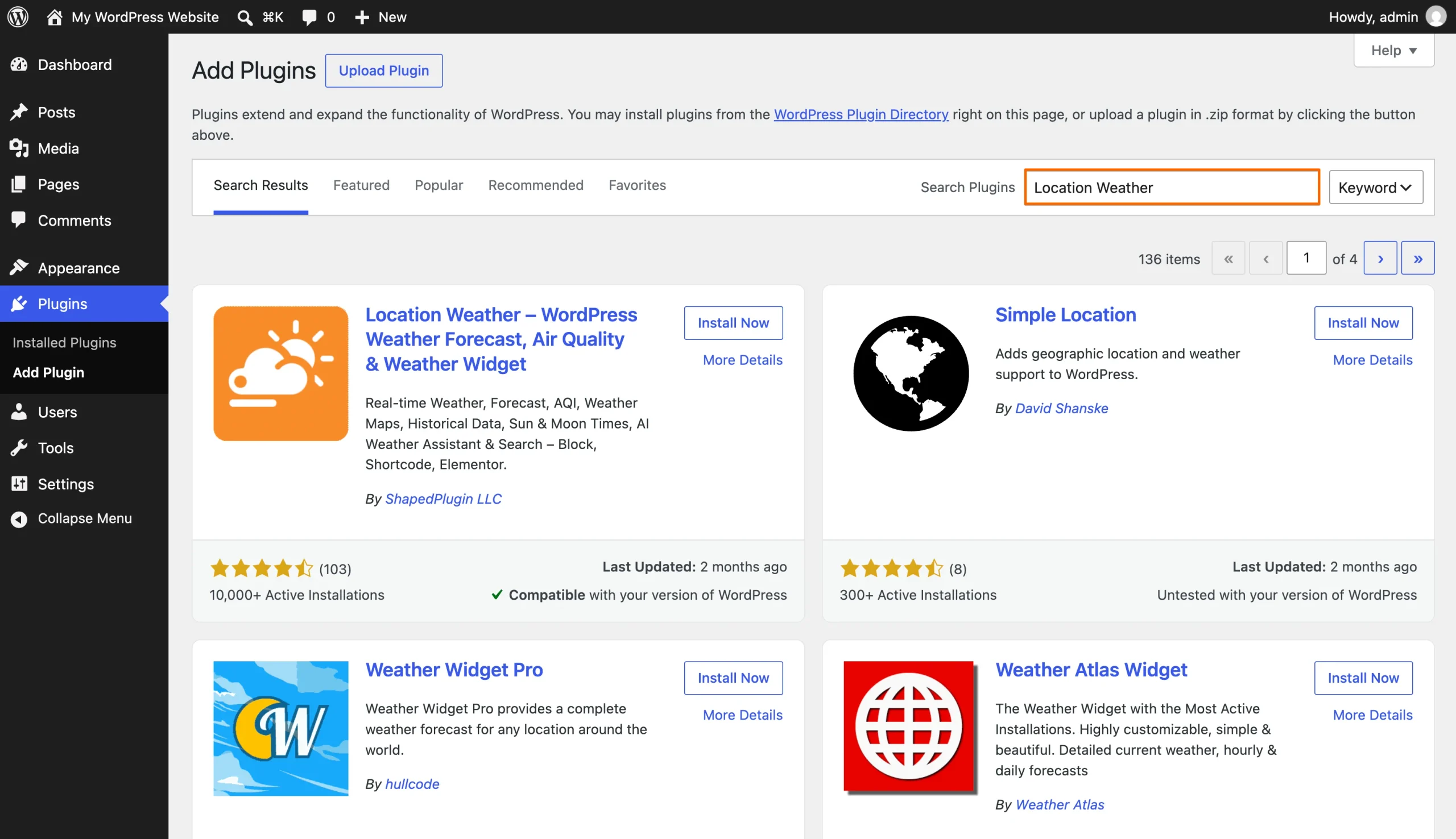 Résultats de recherche d'extensions WordPress affichant l'extension Location Weather et le bouton Installer maintenant