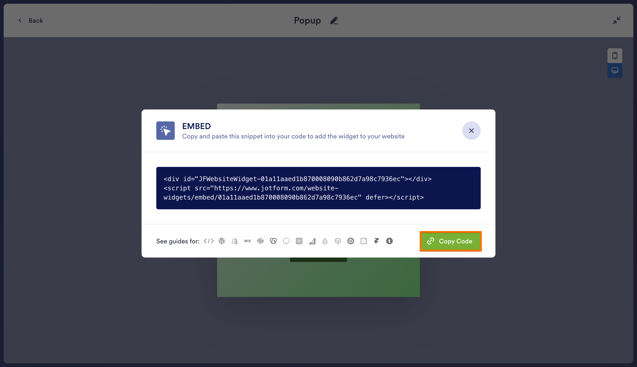 Générateur de popup Jotform affichant le code d'intégration généré avec l'option Copier le code