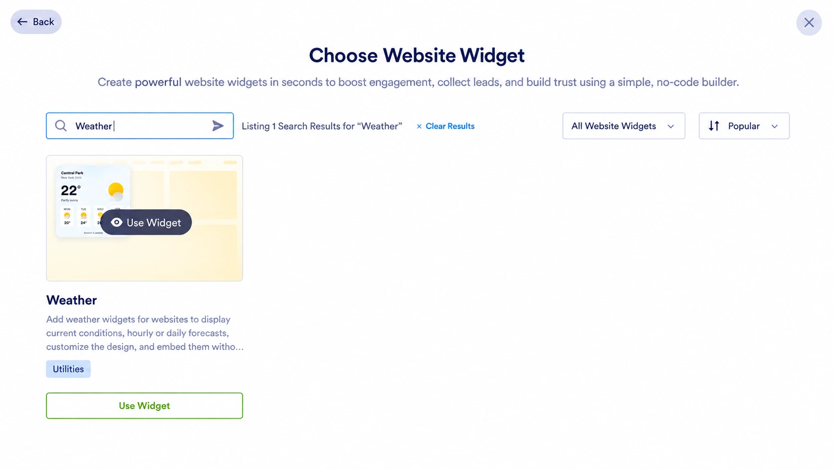 Résultats de recherche des widgets de site web Jotform affichant le widget Météo avec une carte d'aperçu et le bouton « Utiliser le widget »