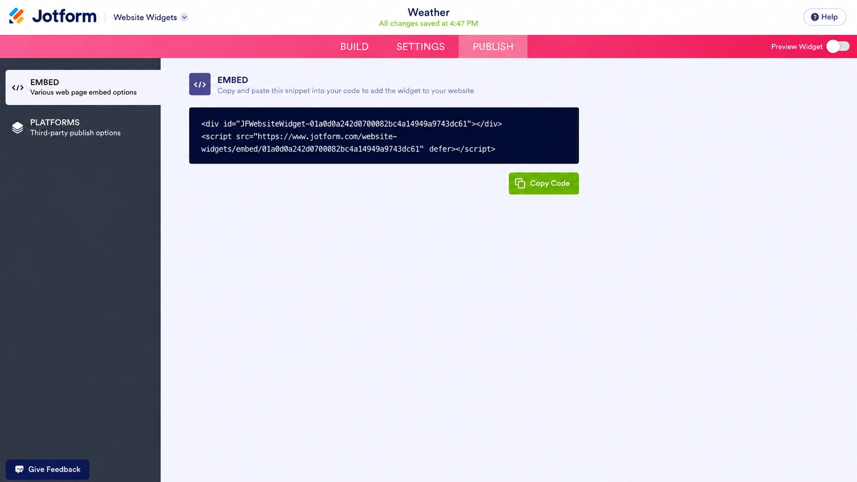 Écran de publication du widget météo Jotform affichant le code d'intégration et un bouton vert « Copier le code »